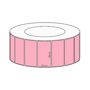 50x25mm Pink Direct Thermal Permanent Label, 5350 per roll, 76mm core