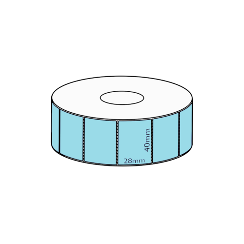 40x28mm Blue Direct Thermal Permanent Label, 2000 per roll, 38mm core, Perforated
