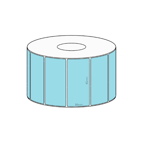 65x30mm Blue Direct Thermal Permanent Label, 1500 per roll, 38mm core