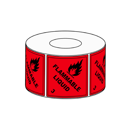 100x100mm Flammable Liquid Class 3 Label, 500 per roll